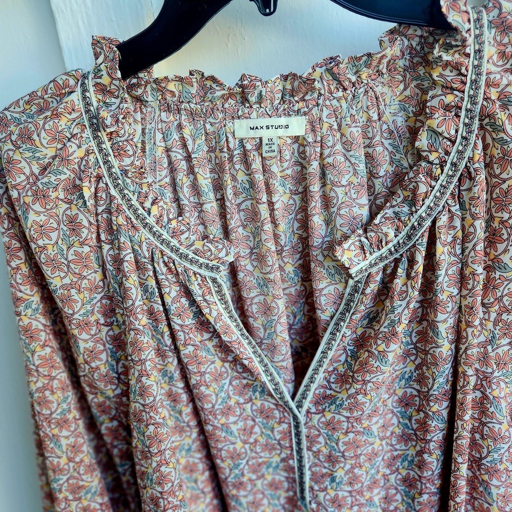 Max Studio Boho Ruffled Collar Tunic Blouse Size 1X 3/4 Sleeve Hippie Peasant - Picture 5 of 10